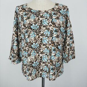 Elizabeth And James Floral Blouse Womens Large Blue Brown 3/4 Puff‎ Sleeve